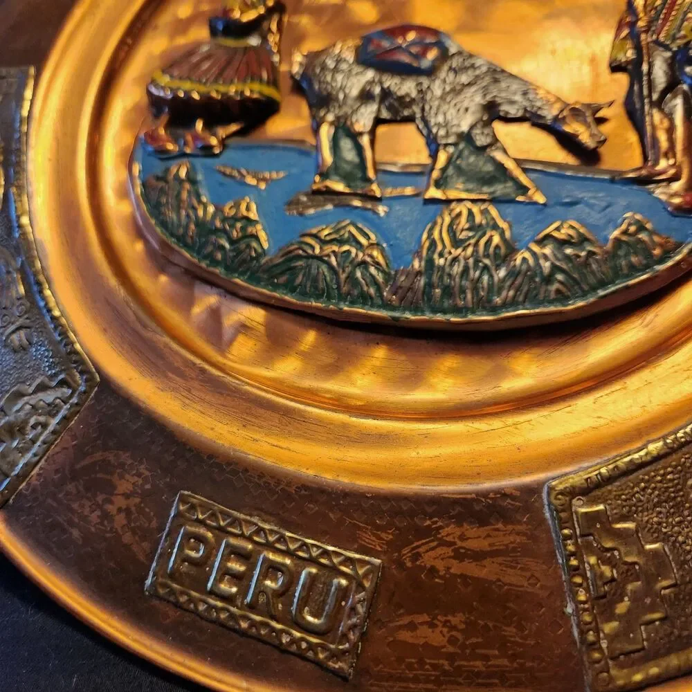 Vintage Peru Copper Metal Decorative Plate Handpainted